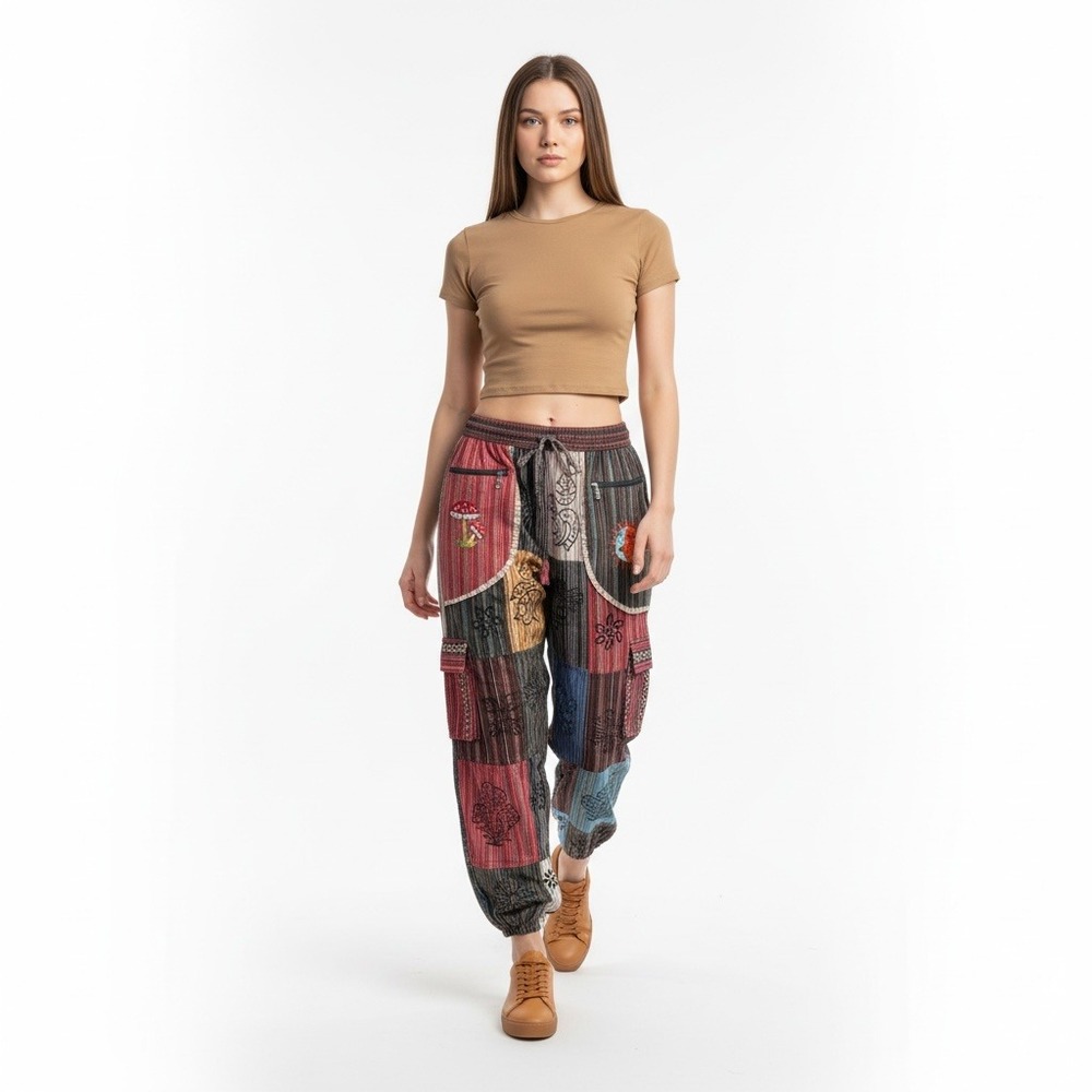 Boho Patchwork Cargo Pants Mushroom Harem Nepal Cotton Hippie Barrel L/XL